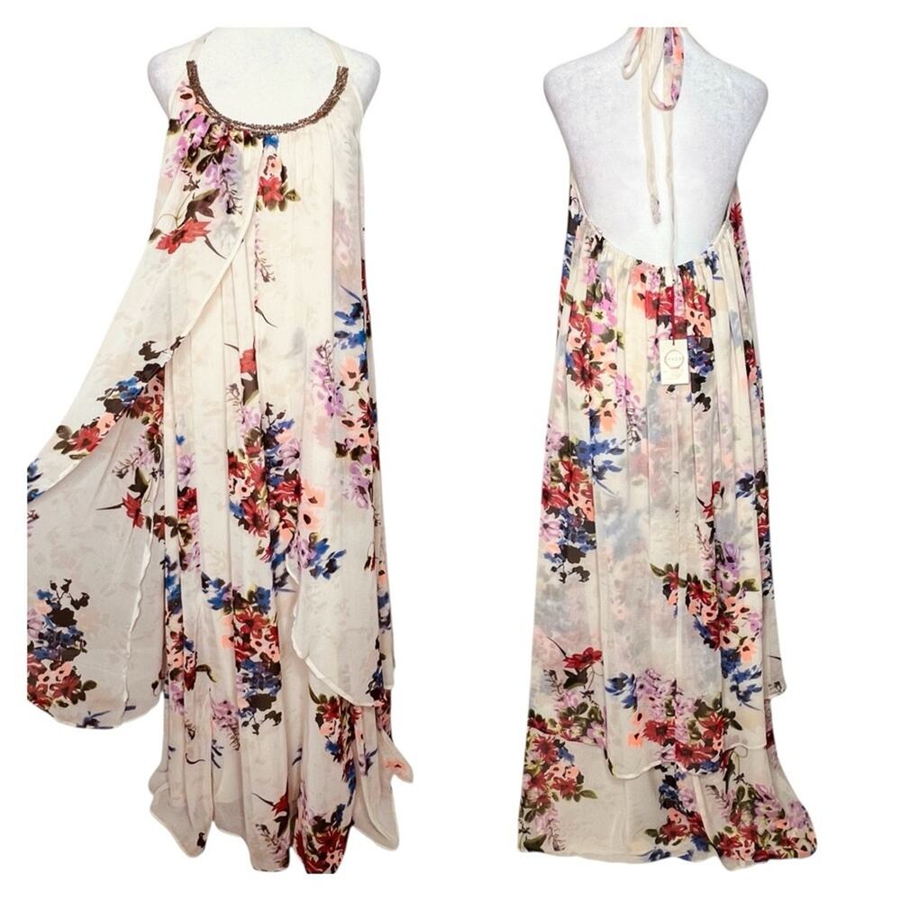 Beaded Halter Floral Maxi Dress Size M Goddess Fairy Bohemian Hippie Raga NWTF